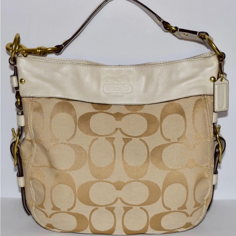 Coach Zoe Cream Signature Print Canvas Leather Shoulder Bag